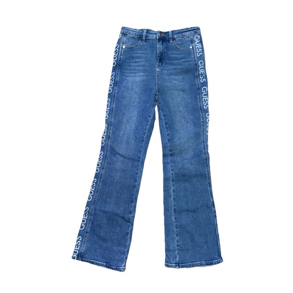 Guess Y2K Los Angeles Women’s 28” Jeans Light Wash Denim White Side Logo Stripe - Picture 1 of 7